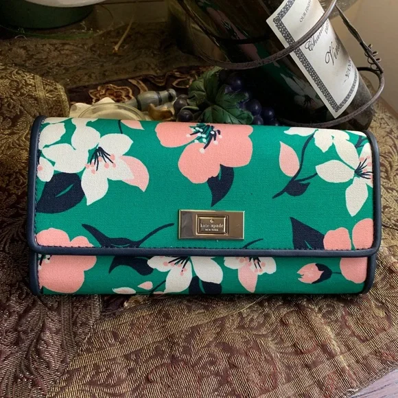Authentic KATE SPADE Leather/canvas floral bifold large wallet - Picture 1 of 14